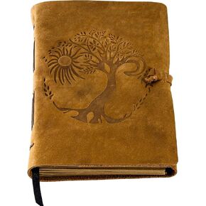 Leather Journal for women and men embossed 8 x 6 inch Handmade Lined craft paper tree of life sun and moon notebook writing notepad book of shadows journal (Brown)