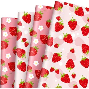 AnyDesign 8 Sheet Pink Strawberry Wrapping Paper -Not Roll- Spring Fruit Gift Wrap Paper Bulk Art Paper Folded Flat for DIY Crafts Birthday Baby Shower Party Favors Supplies, 19.7 x 27.6 Inch