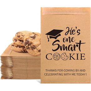 JarThenaAMCS 100Pcs Graduation Cookie Treat Bags She's One Smart Cookie Self-Adhesive Candy Gift Bags Congrats Grad Kraft Paper Buffet Bags for School Party Supplies