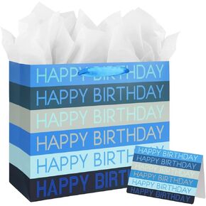 13" Large Happy Birthday Gift Bag with Tissue Paper,Card and Handles for Men Boy Kid Birthday Party (Blue Stripes)