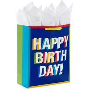 Hallmark 15" Extra Large Birthday Gift Bag with Tissue Paper ("Happy Birthday," Red, Blue, Yellow, Green) for Kids, Teachers, Coworkers, Friends