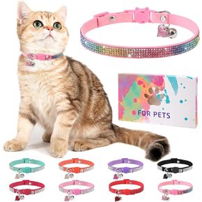 Rhinestone Cat Collar Breakaway with Bell, Diamond Cat Collar with Safety Buckle Quick Release for Girl Boy Kitten Pets Puppy,Cute Soft Female Male Cat Collars,Valentine's Day Pink 8-12"