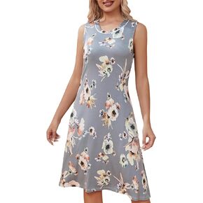 Womens Bamboo Nightgowns Sleeveless Sleep Shirts Print Sleepwear Round Neck Nightdress Loose Comfy Loungewear M-XXL
