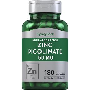 Zinc Picolinate 50mg | 180 Capsules | Non-GMO, Gluten Free Supplement | by Piping Rock