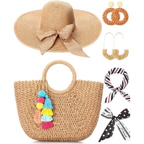Trnayi Straw Bags for Women Straw Beach Bag Vacation Straw Sun Straw Tote Bag Straw Handbag with Woven Rattan Earring for Vacation Beach Party Summer
