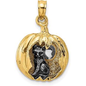 14k Yellow Gold w/Rhodium 3-D Jack-o-Lantern w/Enameled Black Cat and Moon Charm - 21.9mm