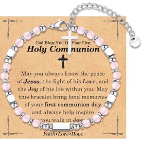 First Communion Baptism Confirmation Easter Basket Stuffers Gifts for Teenage Girls -Cross Beaded Bracelet for Girls Daughter Granddaughter Niece Sister with Baptism First Communion Confirmation Card