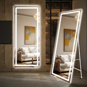 Full Length Mirror with Lights, 58"X18" Floor Standing LED Lighted Mirror Full Length, Full Body Over The Door Mirrors with Dimming & 3 Color Lighting for Room, Salon, Redecorating (Black) in Saudi Arabia