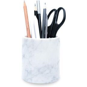 Natural Marble Pencil Pen Holder Stand for Desk, Makeup Brush Cup for Girls, Bathroom Tumbler Cup, Durable Office & Home Organizer Pencil Holder (White)