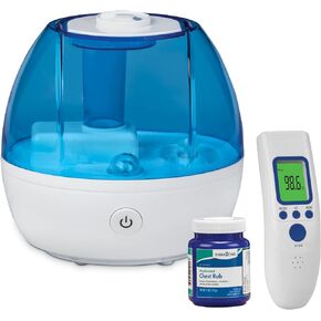 Seasonal Relief Bundle 3-Piece | Cool Mist Humidifier | Forehead Thermometer | Medicated Chest Rub | Fast Relief During Cough Cold Season | Whole Family Care