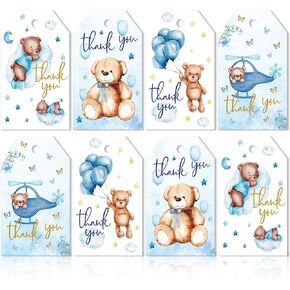 Whaline 100Pcs Bear Thank You Gift Tags Gold Foil Paper Tags Baby Shower Hanging Labels Blue Cute Bear Wrap Hanging Tags with Hemp Rope for Baby Shower Birthday DIY Gift Party Favor Decor, 4 Designs