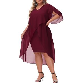 Hanna Nikole Women's Plus Size Flowy 3/4 Sleeve Sequin Chiffon Cocktail Semi Formal Midi Dresses Wine Red 16W