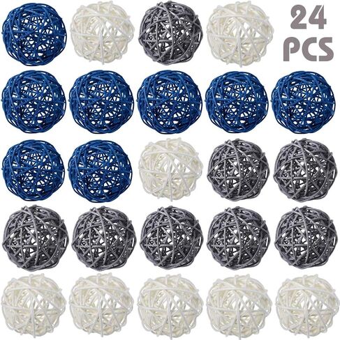 zorpia 24pcs Navy Blue Gray White Wicker Rattan Balls -Mixed 3 Colors Decorative Balls for Bowls, Vase Filler, Coffee Table Decor, Wedding Party Centerpieces in Saudi Arabia