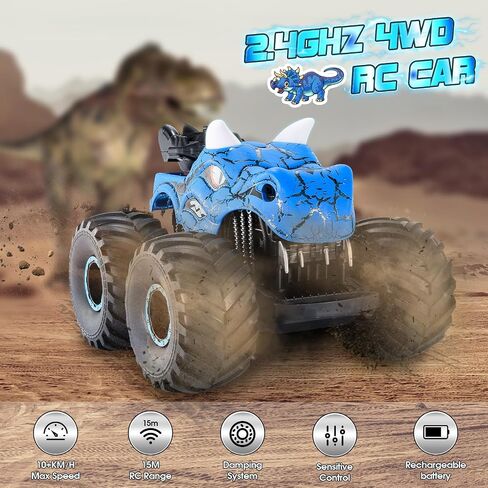 Remote Control Monster Truck, 2.4GHz Dinosaur Remote Control Car with Light & Sound Monster Truck Toys for Boys Age 4-7 Dinosaur Toys for Kids 3-5 Boys in Saudi Arabia