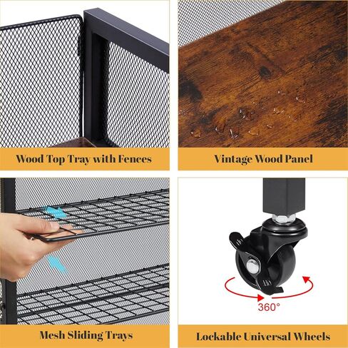 منظم عربة تخزين دوارة من 4 طبقات من Hongtamoya مع 2 صينية منزلقة شبكية، علب، مشروبات، أرفف منظم للوجبات الخفيفة، عربة أدوات قديمة على عجلات قابلة للقفل للمطبخ، الحمام، الدراسة، حجرة المؤن in Kuwait