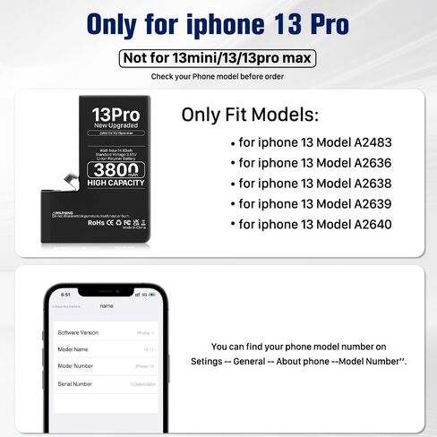 بطارية بديلة 3800 مللي أمبير في الساعة لهاتف iPhone 13 pro، ترقية بطارية بديلة عالية السعة لجهاز iPhone 13 pro (A2483 A2636 A2638 A2639 A2640) مع مجموعة أدوات بديلة احترافية in Kuwait