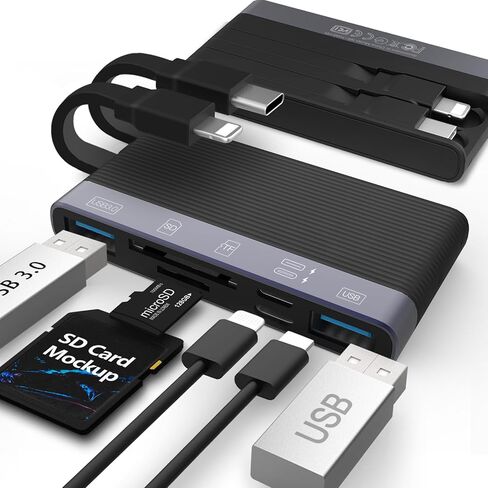 SD Card Reader for i-Phone i-Pad, Aluminum 6in1 Multi-Ports Memory Card Reader with SD/TF Card USB 3.0 Adapter,Foldable Data Cable Supports SD/Micro SD/SDHC/SDXC/MMC in Kuwait