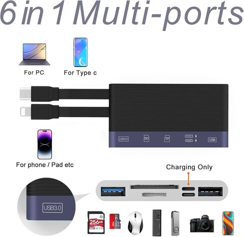 SD Card Reader for i-Phone i-Pad, Aluminum 6in1 Multi-Ports Memory Card Reader with SD/TF Card USB 3.0 Adapter,Foldable Data Cable Supports SD/Micro SD/SDHC/SDXC/MMC in Kuwait