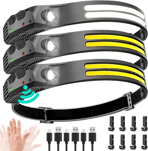 مصباح أمامي LED قابل لإعادة الشحن 3 قطع - مصابيح رأس فائقة السطوع 230 درجة للجبهة، ضوء قبعة صلبة للبالغين، مصباح يدوي USB C للعمل والجري والمشي لمسافات طويلة ومستلزمات التخييم الأساسية in Kuwait