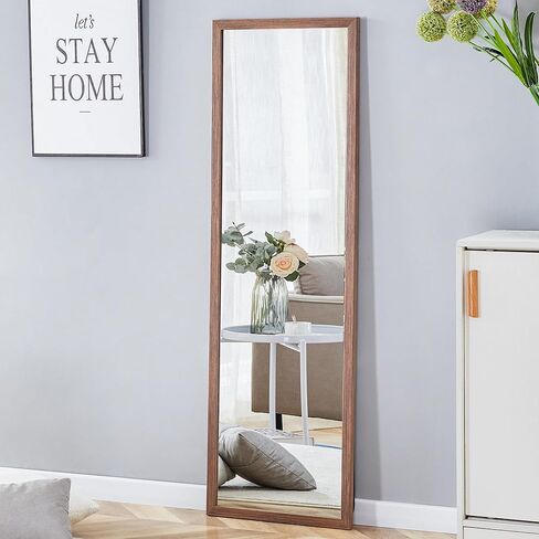 Full Length Mirror, 58"x18" Full Body Floor Mirror with Stand, Floor Standing Mirror Full Body Mirror, Hanging Mounted Mirror for Bedroom Cloakroom, Solid Wood Frame,Brown in Kuwait