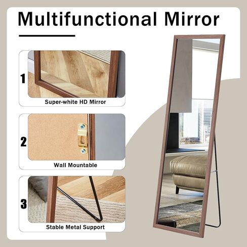 Full Length Mirror, 58"x18" Full Body Floor Mirror with Stand, Floor Standing Mirror Full Body Mirror, Hanging Mounted Mirror for Bedroom Cloakroom, Solid Wood Frame,Brown in Kuwait