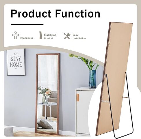 Full Length Mirror, 58"x18" Full Body Floor Mirror with Stand, Floor Standing Mirror Full Body Mirror, Hanging Mounted Mirror for Bedroom Cloakroom, Solid Wood Frame,Brown in Kuwait