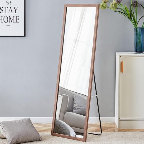 Full Length Mirror, 58"x18" Full Body Floor Mirror with Stand, Floor Standing Mirror Full Body Mirror, Hanging Mounted Mirror for Bedroom Cloakroom, Solid Wood Frame,Brown in Kuwait