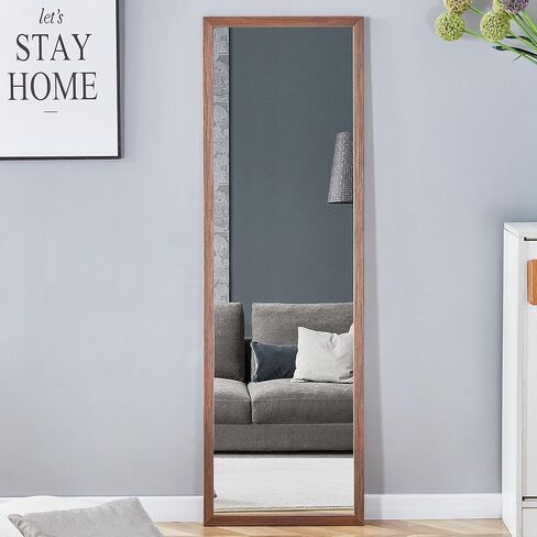 Full Length Mirror, 58"x18" Full Body Floor Mirror with Stand, Floor Standing Mirror Full Body Mirror, Hanging Mounted Mirror for Bedroom Cloakroom, Solid Wood Frame,Brown in Kuwait