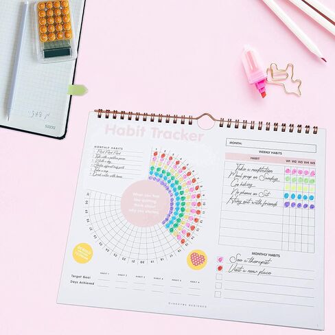 تقويم تعقب العادة - مخطط تتبع الأهداف اليومي والأسبوعي والشهري، مفكرة مجلة الأزهار مع ربط حلزوني وشماعة - قائمة المهام، غير مؤرخة 12 شهرًا، 8 × 10 بوصة - مجموعة Juccybe in Kuwait