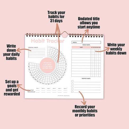 تقويم تعقب العادة - مخطط تتبع الأهداف اليومي والأسبوعي والشهري، مفكرة مجلة الأزهار مع ربط حلزوني وشماعة - قائمة المهام، غير مؤرخة 12 شهرًا، 8 × 10 بوصة - مجموعة Juccybe in Kuwait