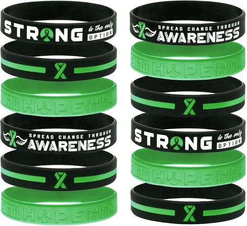 Green Awareness Bracelets (12-pack) - Wholesale Bulk Pack of 12 Silicone Wristbands - Green Awareness Ribbon Products and Accessories for Mental Health Awareness Month in Kuwait