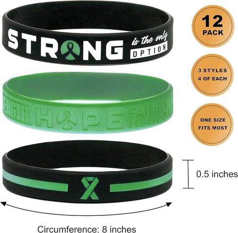 Green Awareness Bracelets (12-pack) - Wholesale Bulk Pack of 12 Silicone Wristbands - Green Awareness Ribbon Products and Accessories for Mental Health Awareness Month in Kuwait