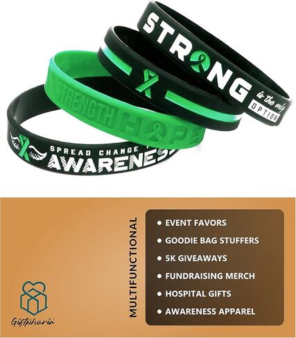 Green Awareness Bracelets (12-pack) - Wholesale Bulk Pack of 12 Silicone Wristbands - Green Awareness Ribbon Products and Accessories for Mental Health Awareness Month in Kuwait