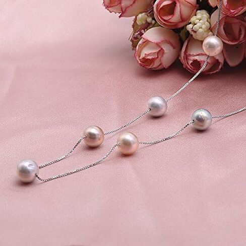 JYX بيرل فضة محطة قلادة AA + جودة 8 مللي متر ملون المياه العذبة مثقف اللؤلؤ قلادة 18" in Kuwait