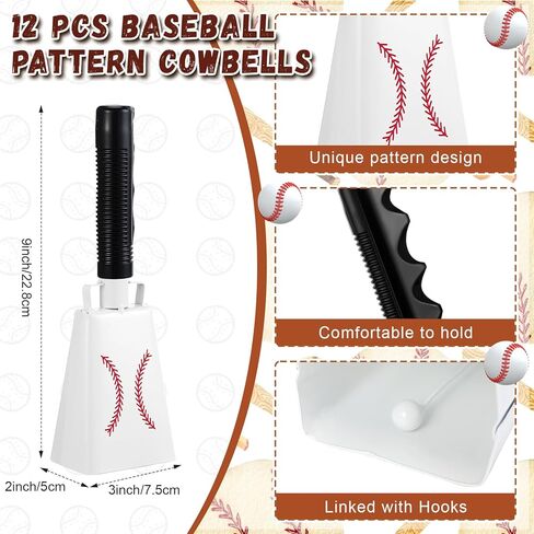 Lukmaa 12 جهاز كمبيوتر شخصى 9 بوصة أجراس البقر مع مقابض موضوع البيسبول مع الشريط الهتاف اليد قرع أجراس البقر للرياضة تنفيس البقرة صانعي الضوضاء فريق الرياضة الروح حزب صالح لمحبي البيسبول لعبة الحزب in Kuwait