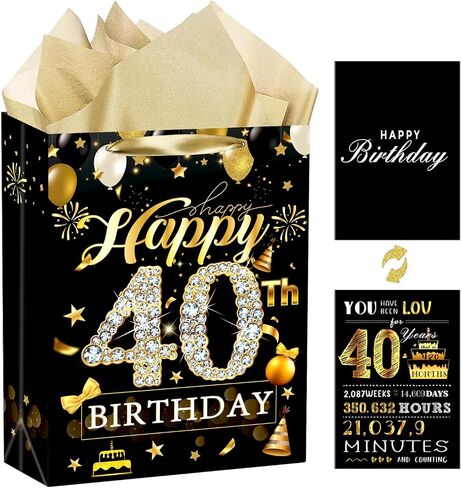 refavor 40th Birthday Gift Bag - Black Gold 40th Birthday Gifts Men Wrap Bag Gift with Tissue Paper and Bday Card Happy 40th Birthday Gifts Woman Cheers to 40 Years Old Little Gift Bags Supplies in Saudi Arabia