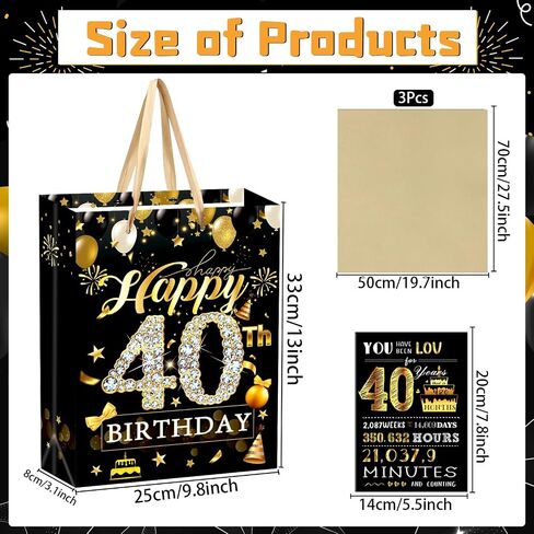 refavor 40th Birthday Gift Bag - Black Gold 40th Birthday Gifts Men Wrap Bag Gift with Tissue Paper and Bday Card Happy 40th Birthday Gifts Woman Cheers to 40 Years Old Little Gift Bags Supplies in Saudi Arabia
