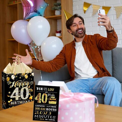 refavor 40th Birthday Gift Bag - Black Gold 40th Birthday Gifts Men Wrap Bag Gift with Tissue Paper and Bday Card Happy 40th Birthday Gifts Woman Cheers to 40 Years Old Little Gift Bags Supplies in Saudi Arabia