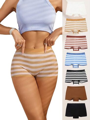 OYOANGLE Women's 7 Pieces Striped Print Low Rise Boyshort Panties Breathable Soft Underwear in Saudi Arabia