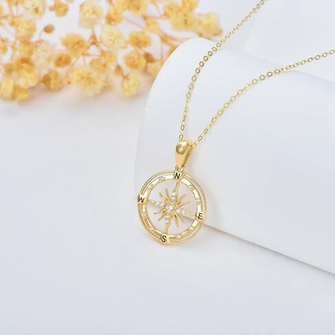 SISGEM 14K Real Gold Compass Necklace for Women Girls,Yellow Gold Moissanite Sun Pendant Necklaces Graduation Birthday Jewelry Gifts for Wife Girlfriend,16+1+1 inch in Saudi Arabia