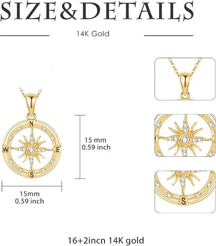 SISGEM 14K Real Gold Compass Necklace for Women Girls,Yellow Gold Moissanite Sun Pendant Necklaces Graduation Birthday Jewelry Gifts for Wife Girlfriend,16+1+1 inch in Saudi Arabia
