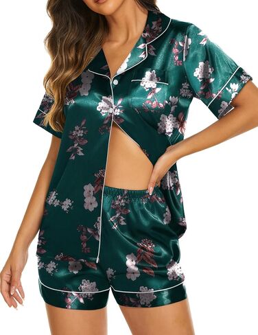 Ekouaer Womens Satin Silk Pajama Set Short Sleeve Button Up Top and Shorts Pjs Sleepwear 2 Piece Lounge Set,Small,Fl1-Green in Saudi Arabia