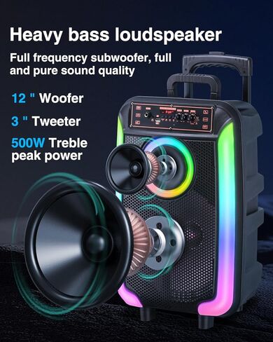 Karaoke Machine with Wireless Microphone, 12" Woofer Portable PA System for Adults, Outdoor Bluetooth Speaker with LED Lights, Speaker Supports TF Card/USB, AUX in, FM, TWS-Mode, RGB-Lights in Kuwait