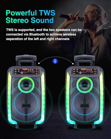 Karaoke Machine with Wireless Microphone, 12" Woofer Portable PA System for Adults, Outdoor Bluetooth Speaker with LED Lights, Speaker Supports TF Card/USB, AUX in, FM, TWS-Mode, RGB-Lights in Kuwait