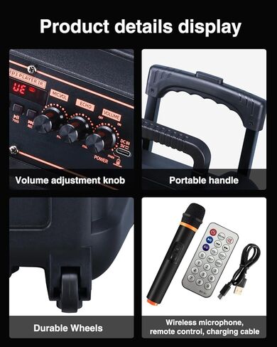 Karaoke Machine with Wireless Microphone, 12" Woofer Portable PA System for Adults, Outdoor Bluetooth Speaker with LED Lights, Speaker Supports TF Card/USB, AUX in, FM, TWS-Mode, RGB-Lights in Kuwait