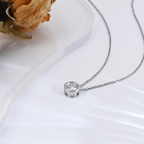 Silver Cubic Zirconia Necklace Small Diamond Birthstone Necklace Handmade Round Bezel Pendant Necklace for Women in Saudi Arabia