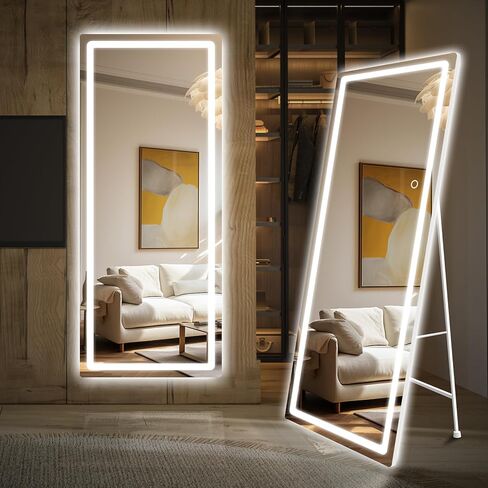 Full Length Mirror with Lights, 58"X18" Floor Standing LED Lighted Mirror Full Length, Full Body Over The Door Mirrors with Dimming & 3 Color Lighting for Room, Salon, Redecorating (Black) in Saudi Arabia