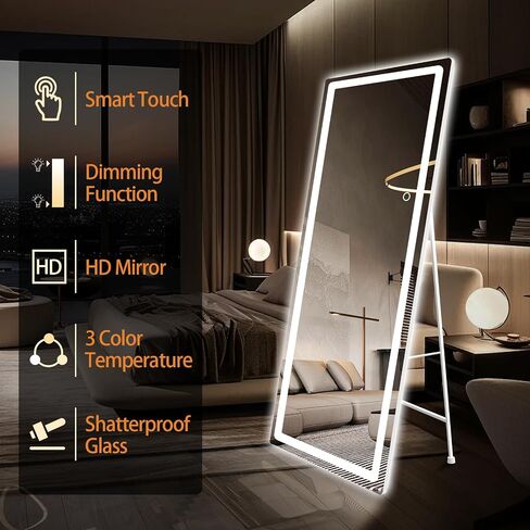 Full Length Mirror with Lights, 58"X18" Floor Standing LED Lighted Mirror Full Length, Full Body Over The Door Mirrors with Dimming & 3 Color Lighting for Room, Salon, Redecorating (Black) in Saudi Arabia