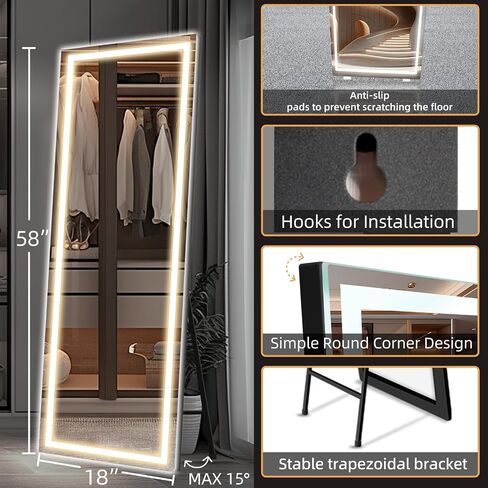 Full Length Mirror with Lights, 58"X18" Floor Standing LED Lighted Mirror Full Length, Full Body Over The Door Mirrors with Dimming & 3 Color Lighting for Room, Salon, Redecorating (Black) in Saudi Arabia