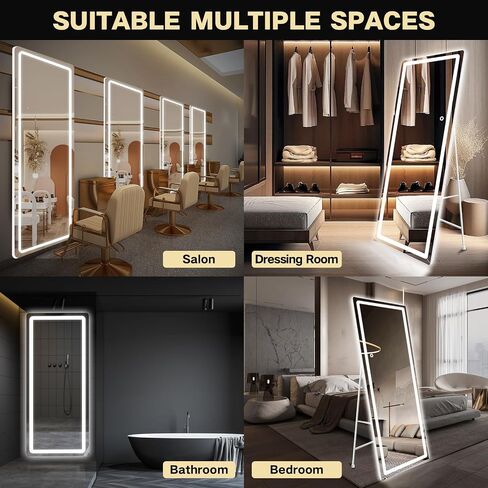 Full Length Mirror with Lights, 58"X18" Floor Standing LED Lighted Mirror Full Length, Full Body Over The Door Mirrors with Dimming & 3 Color Lighting for Room, Salon, Redecorating (Black) in Saudi Arabia